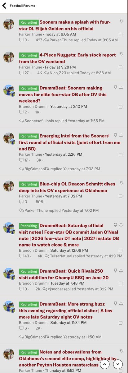 OUInsider (@ouinsider) on Twitter photo #Sooners have had two commits in last 24hrs! #OU has caught fire on recruiting trail! <a href="/Bdrumm_Rivals/">Brandon Drumm</a> and <a href="/ParkerThune/">Parker Thune</a> have posted 10+ updates since Saturday on #OU big OV weekend!
Hints on more good news & timeline updates on potential announcements⬇️
oklahoma.forums.rivals.com/forums/the-lin… #Sooners have had two commits in last 24hrs! #OU has caught fire on recruiting trail! <a href="/Bdrumm_Rivals/">Brandon Drumm</a> and <a href="/ParkerThune/">Parker Thune</a> have posted 10+ updates since Saturday on #OU big OV weekend!
Hints on more good news & timeline updates on potential announcements⬇️
oklahoma.forums.rivals.com/forums/the-lin…