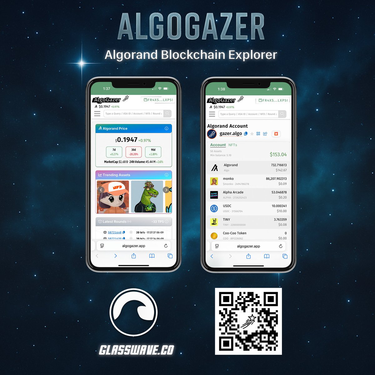AlgoGazer's tweet image. AlgoGazer.app - The Algorand Explorer. Navigate, Observe, Track, Analyze.
Accounts, assets, transactions, blocks and NFT's designed for discovery. 💫
Free on the web and mobile devices.