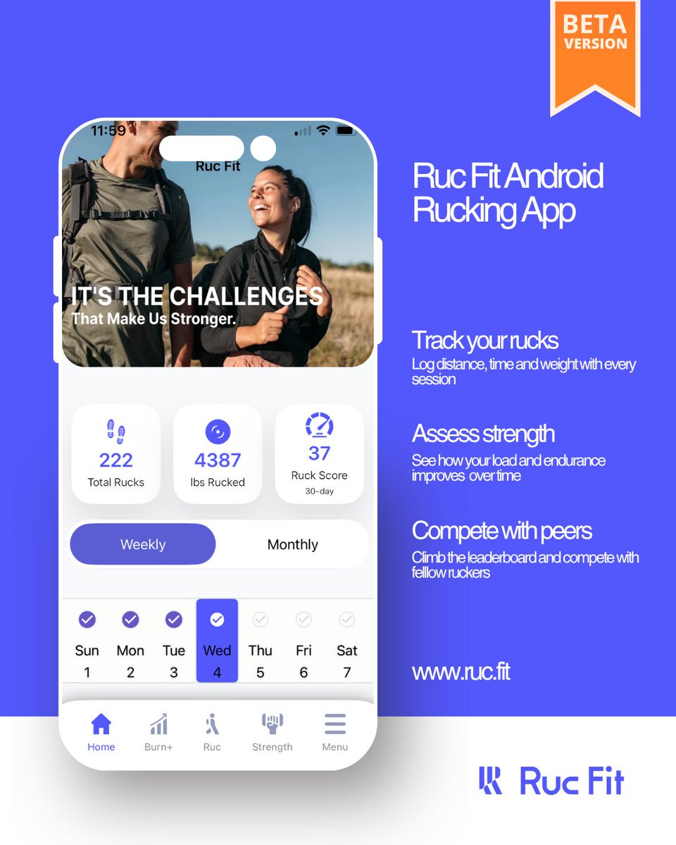 RucFit's tweet photo. Ruc Fit Android Rucking App is here!

We’ve launched the beta Android app designed for rucking—track your rucks, log your weight, compete on the leaderboard, and build strength with every step.

Be part of shaping the experience. 
👉 Get it on the Google Play Store

#rucking https://t.co/kOVtdM2gKC