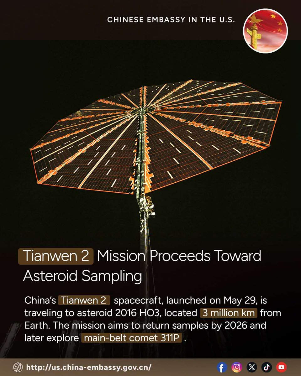 ChineseEmbinUS's tweet photo. 🚀Tianwen 2 begins its space quest✨The destination is asteroid 2016 HO3, 3 million km from Earth. Sample return planned for 2026.
#Tianwen2 #AsteroidMission #chinaspace https://t.co/kAh6fjF8Yx