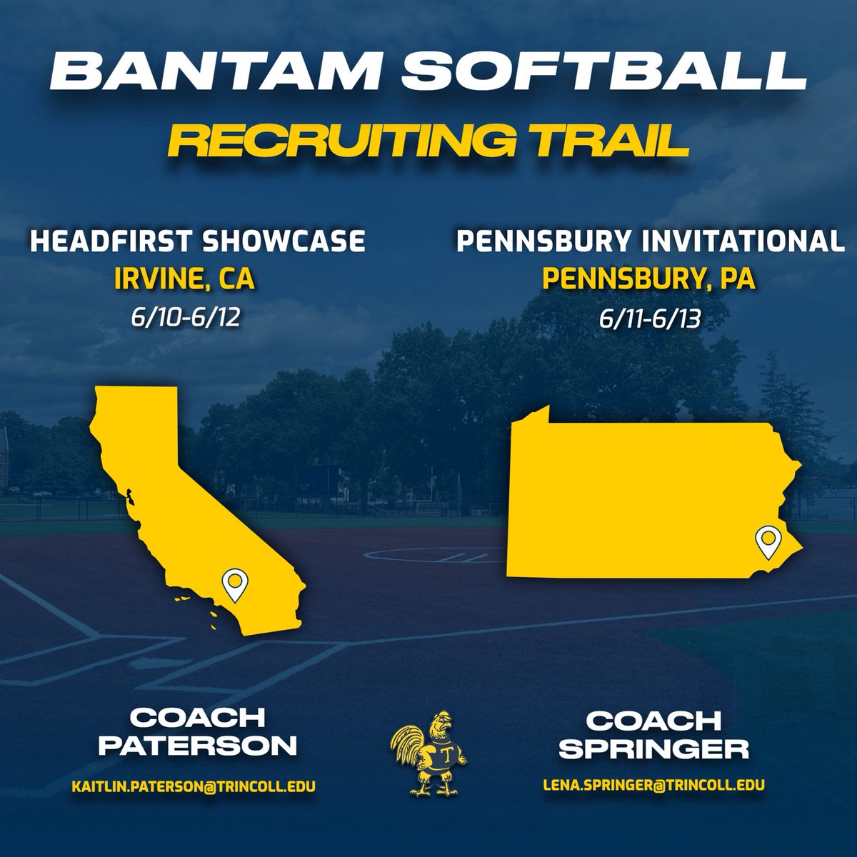 Kicking off the recruiting summer season this week‼️

• Coach Paterson is heading to Irvine, CA for the Headfirst Showcase✈️

• Coach Springer is off to Pennsbury, PA for the Pennsbury Invitational🚗

Be sure to email us your schedules📧

#RollBants 🥎