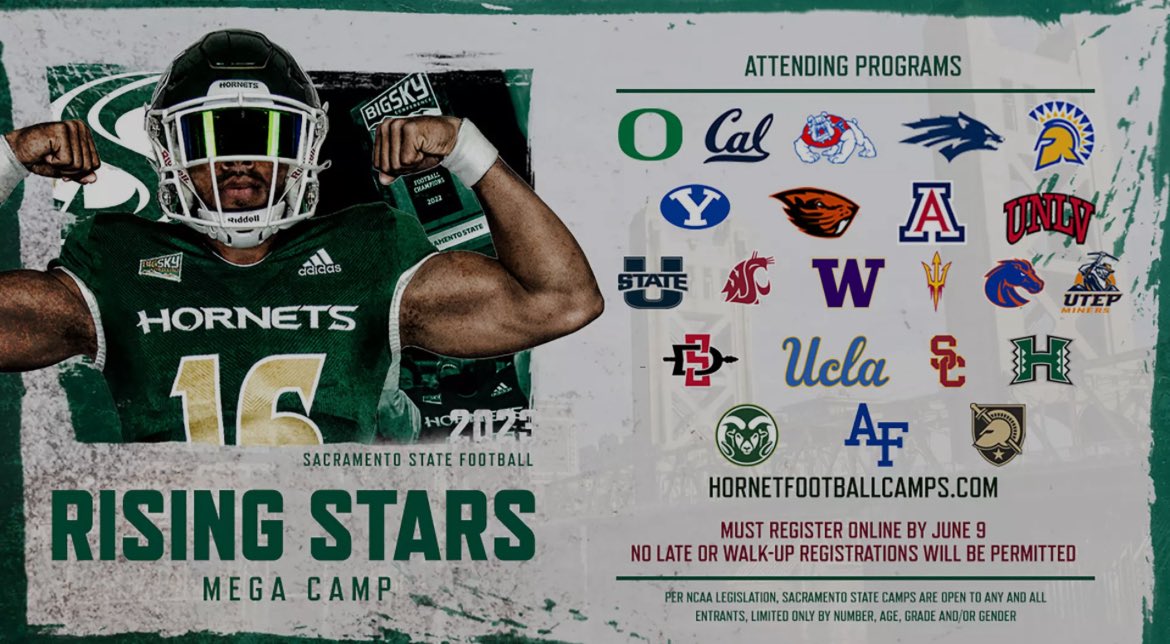Excited to attend the Sacramento state camp tomorrow! Excited to go compete and ball out! <a href="/SacHornetsFB/">Sac State Football</a>