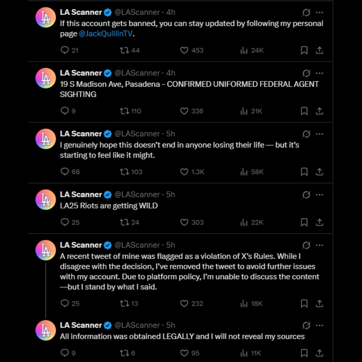 CollinRugg's tweet photo. NEW: The owner of 'LAScanner' on X has deactivated his account and says he is turning himself in if he violated the law after doxing ICE agents.

The alleged owner of the account 'Jack Quillin' told his followers to DM him locations of federal agents so he could post them.

Before deactivating his account, LA Scanner said he would be turning himself in if he violated federal law.

"To anyone I may have put at risk, I sincerely apologize."