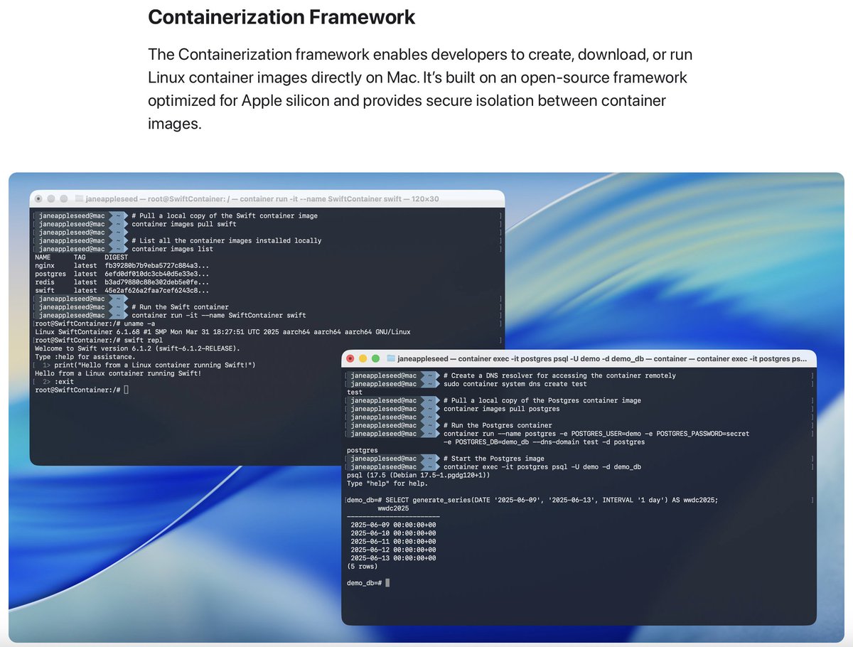 ついに出た！
apple.com/newsroom/2025/…

MacでOCIコンテナを扱いやすくするためのフレームワークがオープンソースで出るんです！！！！！！！！しかもセキュア！ #WWDC25