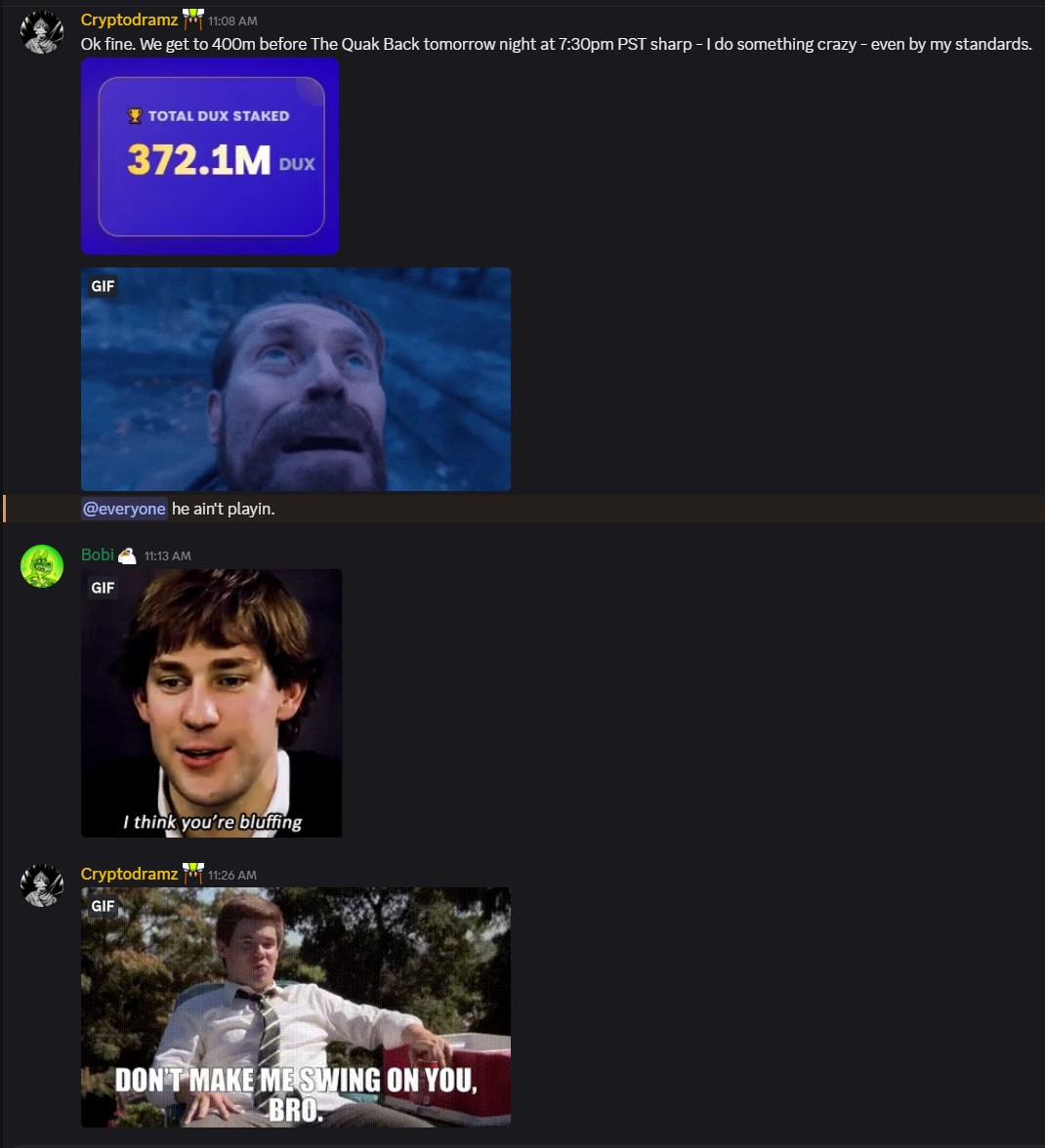 TheChosenDux (@thechosendux) on Twitter photo Rumor has itโฆ if we hit 400,000,000 $DUX staked by Tuesday at 7:30pm PST - right as Episode #21 of The Quak Back goes live - <a href="/cryptodramz/">๐๏ธโค๏ธ๐๐๐</a> is planning something absolutely unhinged.
Youโve been warned. Letโs see how wild this gets. Rumor has itโฆ if we hit 400,000,000 $DUX staked by Tuesday at 7:30pm PST - right as Episode #21 of The Quak Back goes live - <a href="/cryptodramz/">๐๏ธโค๏ธ๐๐๐</a> is planning something absolutely unhinged.
Youโve been warned. Letโs see how wild this gets.