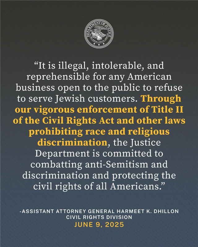 DOJ Civil Rights Division (@civilrights) on Twitter photo Justice Department Sues Coffee House for Refusal to Serve Jewish Customers
🔗: justice.gov/opa/pr/justice… Justice Department Sues Coffee House for Refusal to Serve Jewish Customers
🔗: justice.gov/opa/pr/justice…
