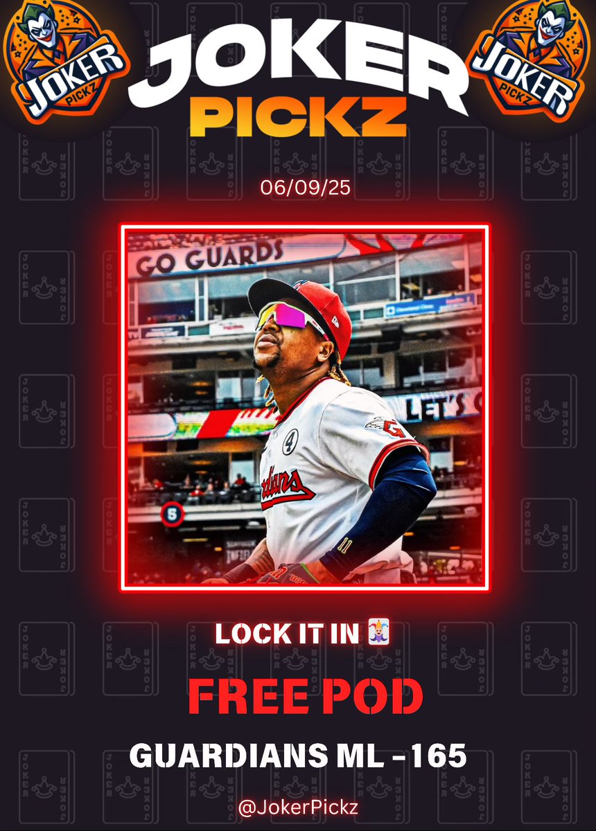 JokerPickz's tweet image. MLB PLAY ⚾️

GUARDIANS ML -165

LOCK IT IN 🃏
