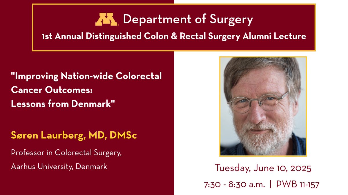UMN Medical School (@umnmedschool) on Twitter photo Join <a href="/UMNSurgery/">UMN Surgery</a>'s 1st Annual Distinguished Colon & Rectal Surgery Alumni Lecture tomorrow, June 10!
Dr. Soren Laurberg will present “Improving Nationwide Colorectal Cancer Outcomes: Lessons from Denmark.”
🔗 Learn more: bit.ly/4mTxcYx. Join <a href="/UMNSurgery/">UMN Surgery</a>'s 1st Annual Distinguished Colon & Rectal Surgery Alumni Lecture tomorrow, June 10!
Dr. Soren Laurberg will present “Improving Nationwide Colorectal Cancer Outcomes: Lessons from Denmark.”
🔗 Learn more: bit.ly/4mTxcYx.