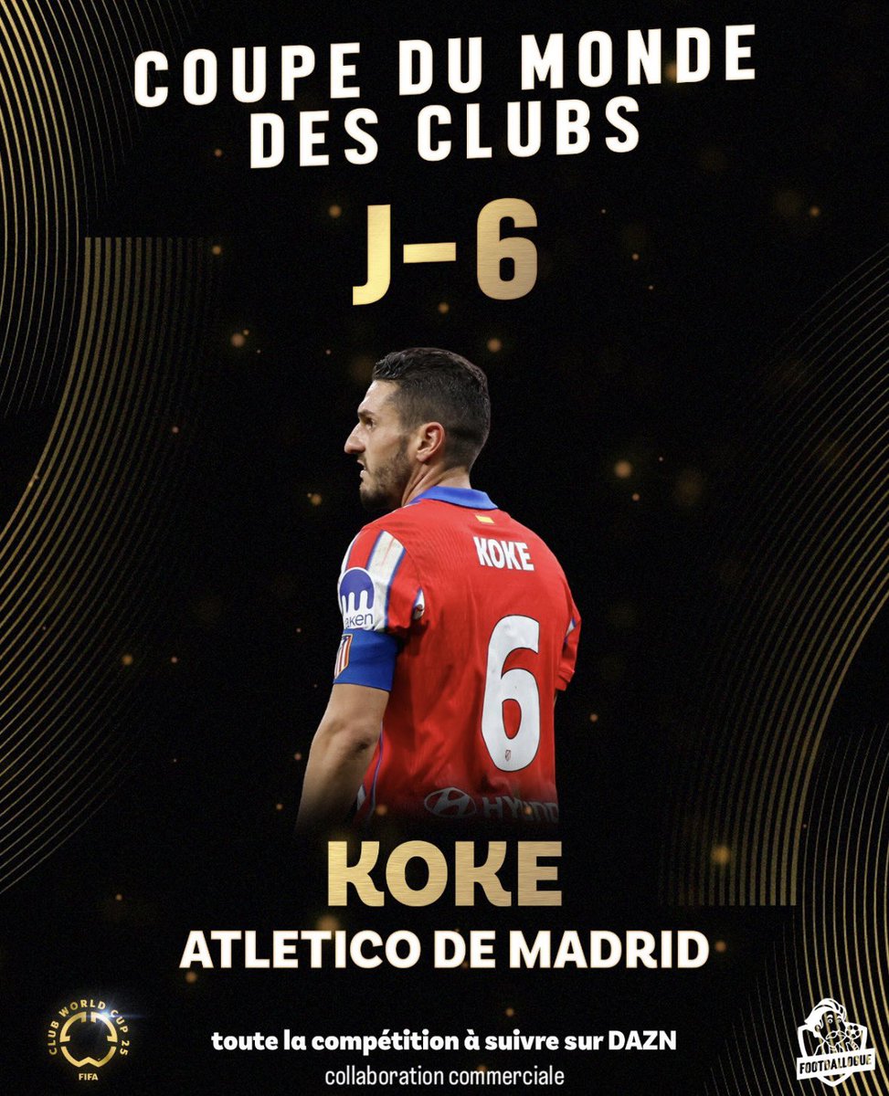 𝗝-𝟲 𝗔𝗩𝗔𝗡𝗧 𝗟𝗔 𝗖𝗢𝗨𝗣𝗘 𝗗𝗨 𝗠𝗢𝗡𝗗𝗘 𝗗𝗘𝗦 𝗖𝗟𝗨𝗕𝗦 ! 🌍 💫

Koke, arrivé en 2000 à l’Atlético, va jouer le Mondial des clubs pour sa 25e année au club ! 

QUELLE LÉGENDE ! ❤️🤍

𝘛𝘰𝘶𝘴 𝘭𝘦𝘴 𝘮𝘢𝘵𝘤𝘩𝘴 𝘴𝘦𝘳𝘰𝘯𝘵 𝘢̀ 𝘴𝘶𝘪𝘷𝘳𝘦 𝘴𝘶𝘳 𝘋𝘈𝘡𝘕 👉