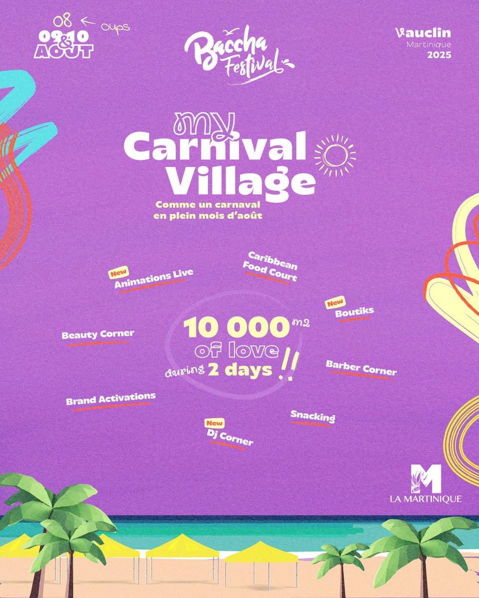 🎉Nouvelle ère, changement d’univers ! 🌴🔥 Baccha Festival, c’est bien plus qu’un événement, c’est LA plus grande expérience caribéene 🌊🎶 

Du 8 au 10 août, on t’embarque dans un voyage unique entre vibes, culture et fête à travers le Vauclin tout entier !