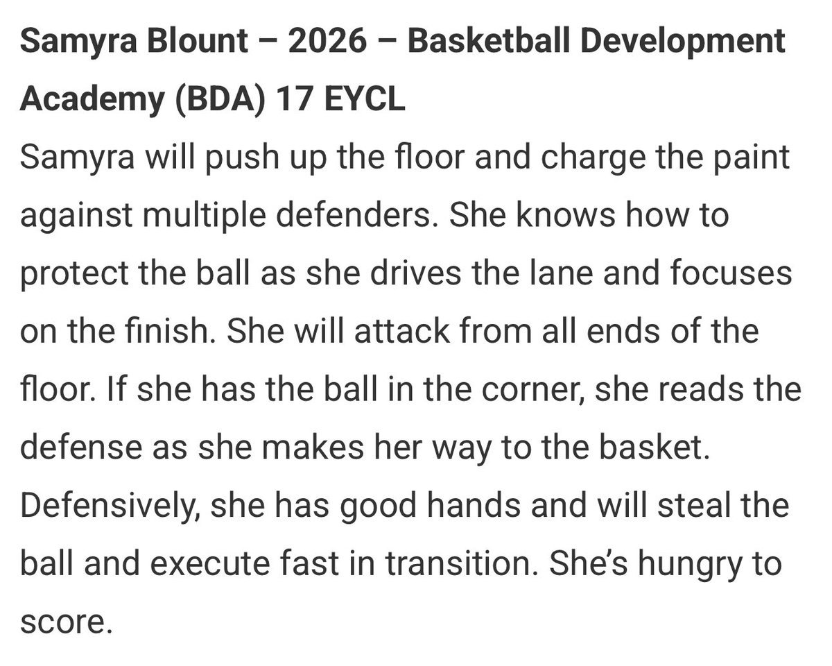 Samyra Blount-Williams (@samyrablount5) on Twitter photo Thank you to <a href="/JrAllStarBB/">Jr. All-Star Girls Basketball</a> for writing an article on my performance during Nike session #2
<a href="/BDABASKETBALL/">BDA BASKETBALL</a> <a href="/HLRhoops/">BDA LADY RAVENS</a> Thank you to <a href="/JrAllStarBB/">Jr. All-Star Girls Basketball</a> for writing an article on my performance during Nike session #2
<a href="/BDABASKETBALL/">BDA BASKETBALL</a> <a href="/HLRhoops/">BDA LADY RAVENS</a>