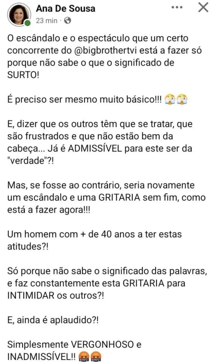 Priorizamos o fair play ,empatia,decência e respeito,sentimos que a falta de confiança no jogador que a mesma apoia está a ser um problema daí menosprezar os outros.Continuamos firmes e convictos dos valores do Luís.Pena que com 50/ 60 anos se tenha este tipo de atitudes! #bbtvi