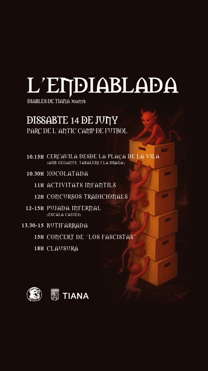 Recorda que dins el marc de festa major petita... Els diables estarem A ....
L'endiablada de 10 a 18h. 
Al parc de l'antic camp de futbol.
T'hi esperem.

<a href="/Aj_Tiana/">Ajuntament de Tiana</a>