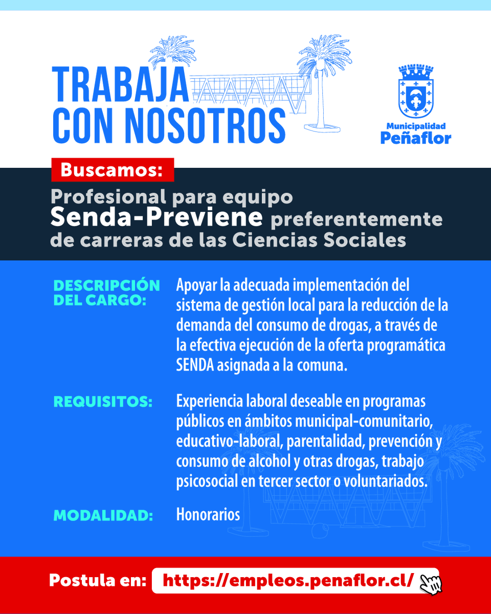 📣 ¡Atención! Trabaja con nosotros 👍 

Buscamos: 
✔️Profesional para equipo Senda-Previene del área de las ciencias sociales.

📌 Postula ahora mismo en el siguiente link 👇
empleos.penaflor.cl