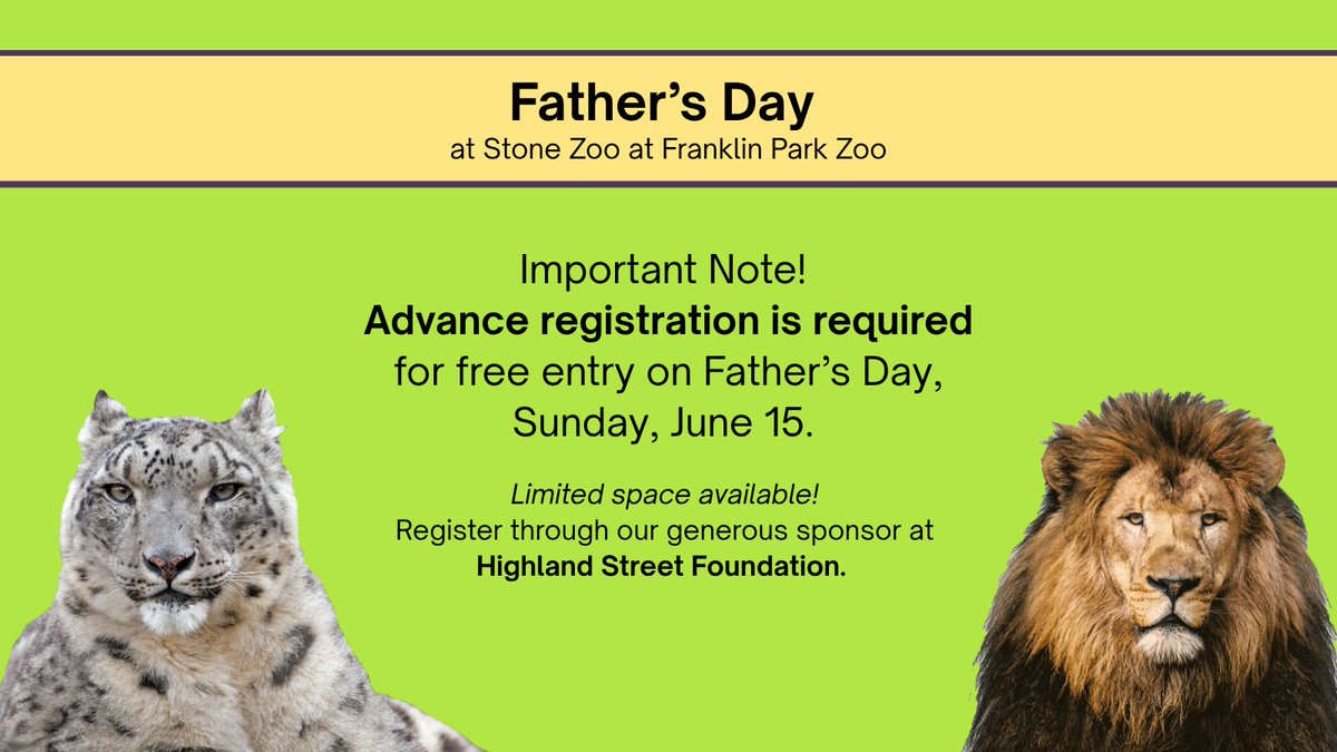 Zoo New England (@zoonewengland) on Twitter photo Advance registration is required for free entry on Father's Day at our Zoos this Sunday 6/15 ā thanks to the generosity of <a href="/HighlandStreet/">Highland Street</a>. Limited availability!
Franklin Park Zoo ⤠signupgenius.com/go/904094EABAEā¦
Stone Zoo ⤠signupgenius.com/go/904094EABAE⦠Advance registration is required for free entry on Father's Day at our Zoos this Sunday 6/15 ā thanks to the generosity of <a href="/HighlandStreet/">Highland Street</a>. Limited availability!
Franklin Park Zoo ⤠signupgenius.com/go/904094EABAEā¦
Stone Zoo ⤠signupgenius.com/go/904094EABAEā¦
