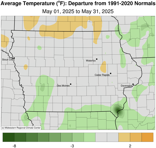 JustinMGlisan's tweet photo. May 2025 Temperature Summary: #Iowa's average temperature was 59.7 degrees, two-tenths of a degree below normal. This ties 1960/1993 as the 72nd coolest May in 153 years of statewide records; 2021 was cooler. (1/2) #IowaClimate #IowaAg #grow25 https://t.co/GMWNS3Easm