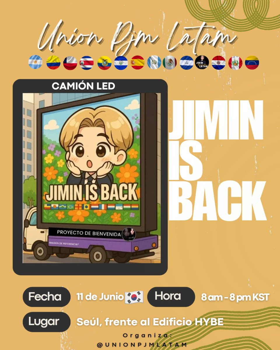 Jiminstream_rev's tweet photo. El vídeo se reproducirá en el camión LED para la salida de JIMIN 🎉 

📆 11 Junio 🇰🇷
 ⏰8am -8pm 🇰🇷 
 📍Yongsan-gu, Seúl Corea del Sur, Edificio HYBE 

"JIMIN, LATAM te espera con ansias" 

#WelcomeBackJimin
#UnionPjmLatam
#JiminRevolution
#JiminWelcome https://t.co/RHEnMf7lfW