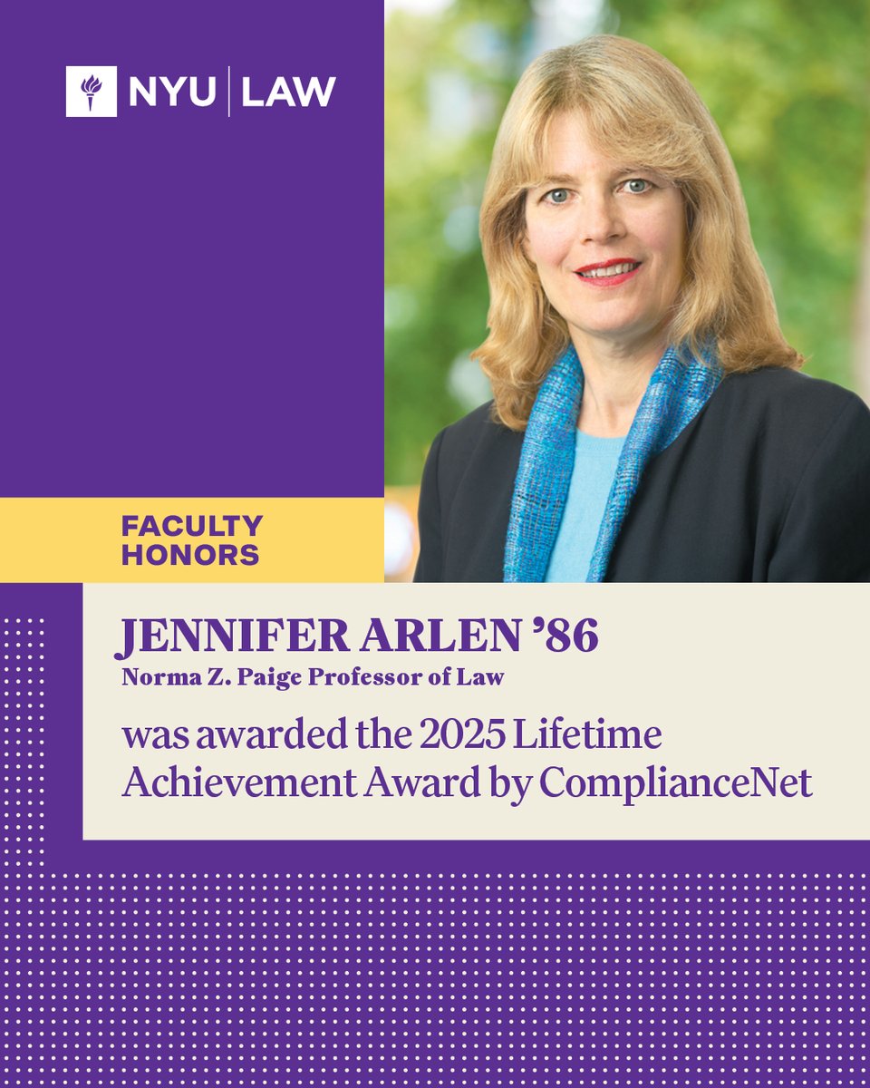 nyulaw's tweet image. Congratulations to Professor Jennifer Arlen ’86 for receiving the 2025 Lifetime Achievement Award from ComplianceNet for her work on corporate compliance and enforcement.