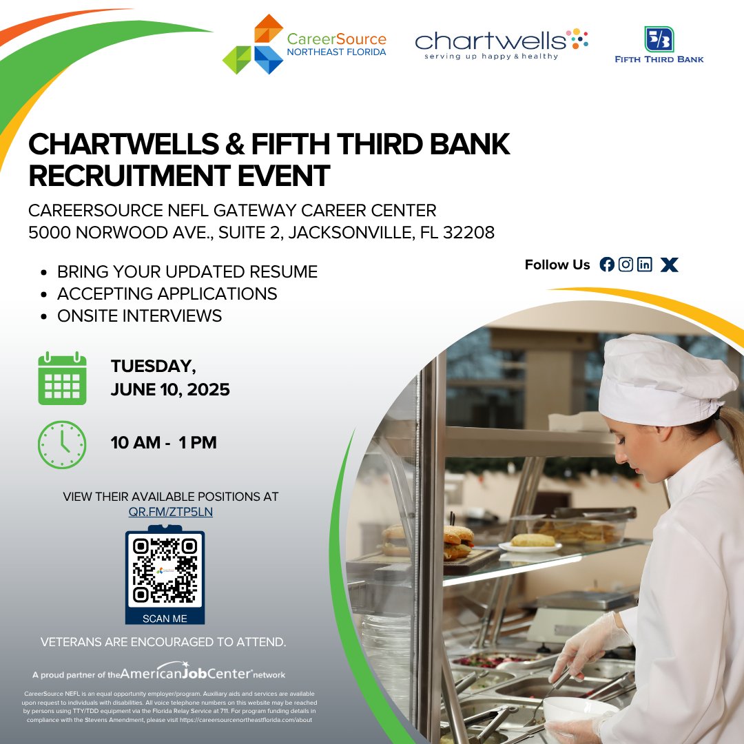 CareerSource NEFL (@careersourcenef) on Twitter photo Looking for a fresh challenge?
Join us for Chartwells & Fifth Third Bank Recruitment Event at CareerSource NEFL Gateway Career Center
Date: June 10, 2025
Time: 10:00 am - 1:00 pm
Check their list of open positions: qr.fm/zTp5Ln
@jaxjobs <a href="/CityofJax/">City of Jacksonville</a> Looking for a fresh challenge?
Join us for Chartwells & Fifth Third Bank Recruitment Event at CareerSource NEFL Gateway Career Center
Date: June 10, 2025
Time: 10:00 am - 1:00 pm
Check their list of open positions: qr.fm/zTp5Ln
@jaxjobs <a href="/CityofJax/">City of Jacksonville</a>