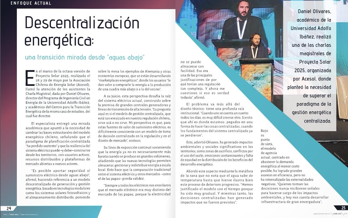 acesol's tweet image. Daniel Olivares, académico de la Universidad Adolfo Ibáñez, realizó una de las charlas magistrales en PROYECTA SOLAR 2025, organizado por ACESOL, donde planteó la necesidad de superar el paradigma de la gestión energética centralizada.
➡️ Leer en pag 24
electromineria.cl/revista/