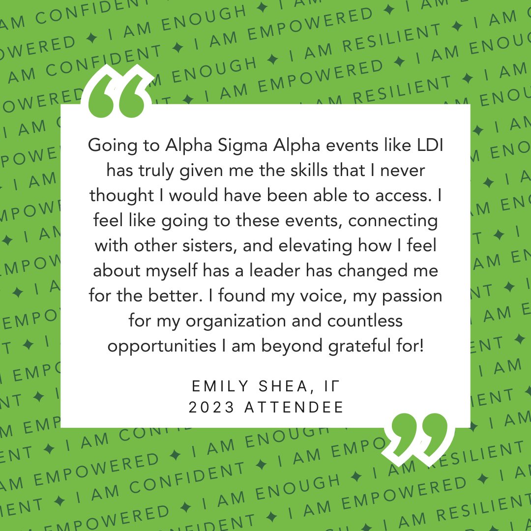 The Emma Coleman Frost Leadership Development Institute (LDI) is Alpha Sigma Alpha’s conference for emerging leaders.

Visit our website to learn more and prepare for LDI: alphasigmaalpha.org/home/events-pr…