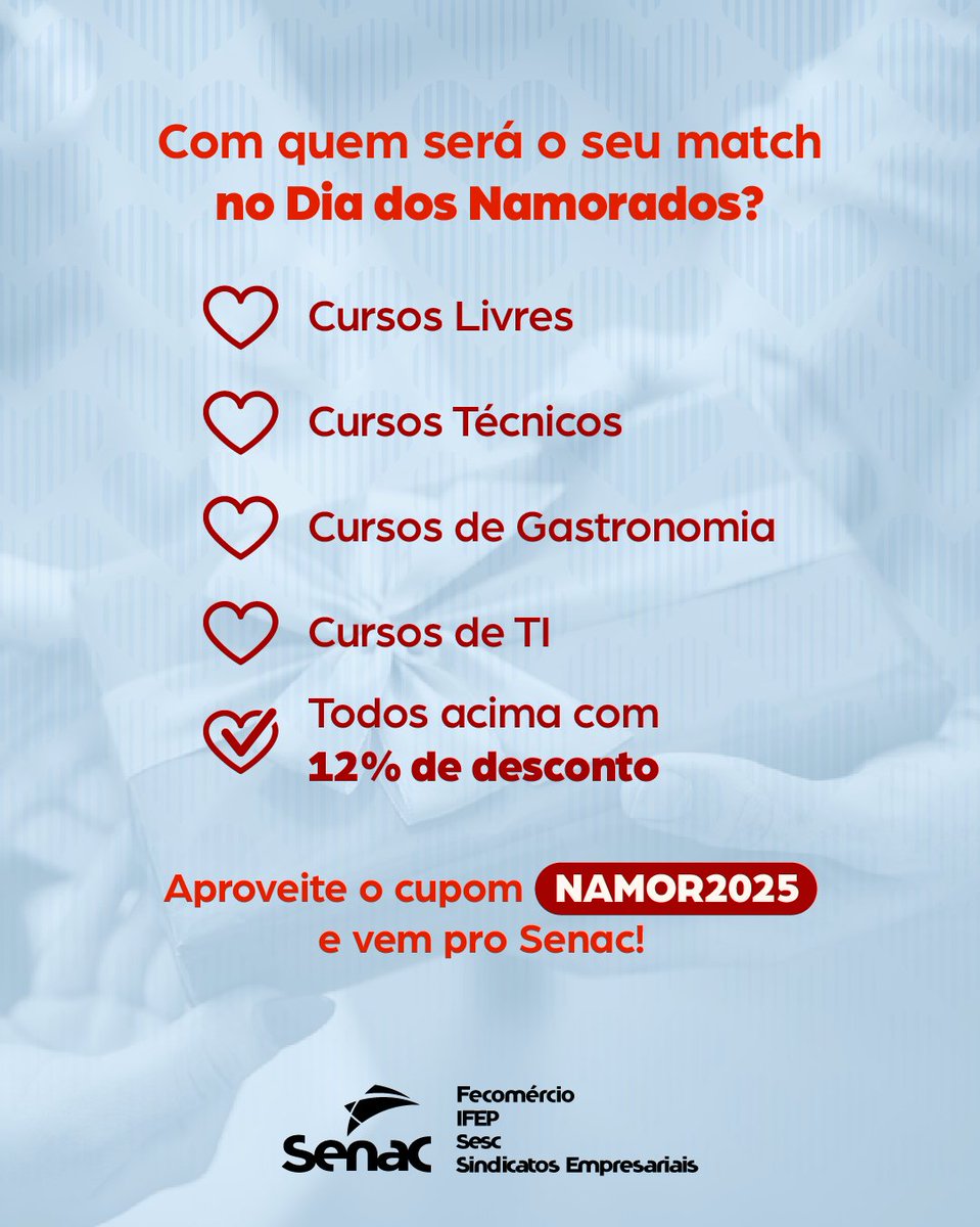 Tá difícil achar o match perfeito? 👀 A gente te ajuda!

Use o cupom NAMOR2025 para ganhar 12% off no curso da sua vida. 🥰

#SenacRS #mudandoavida #DiadosNamorados #namorados

*Desconto não válido para Rede EAD, Ensino Médio e Superior.
Consulte as condições no site.