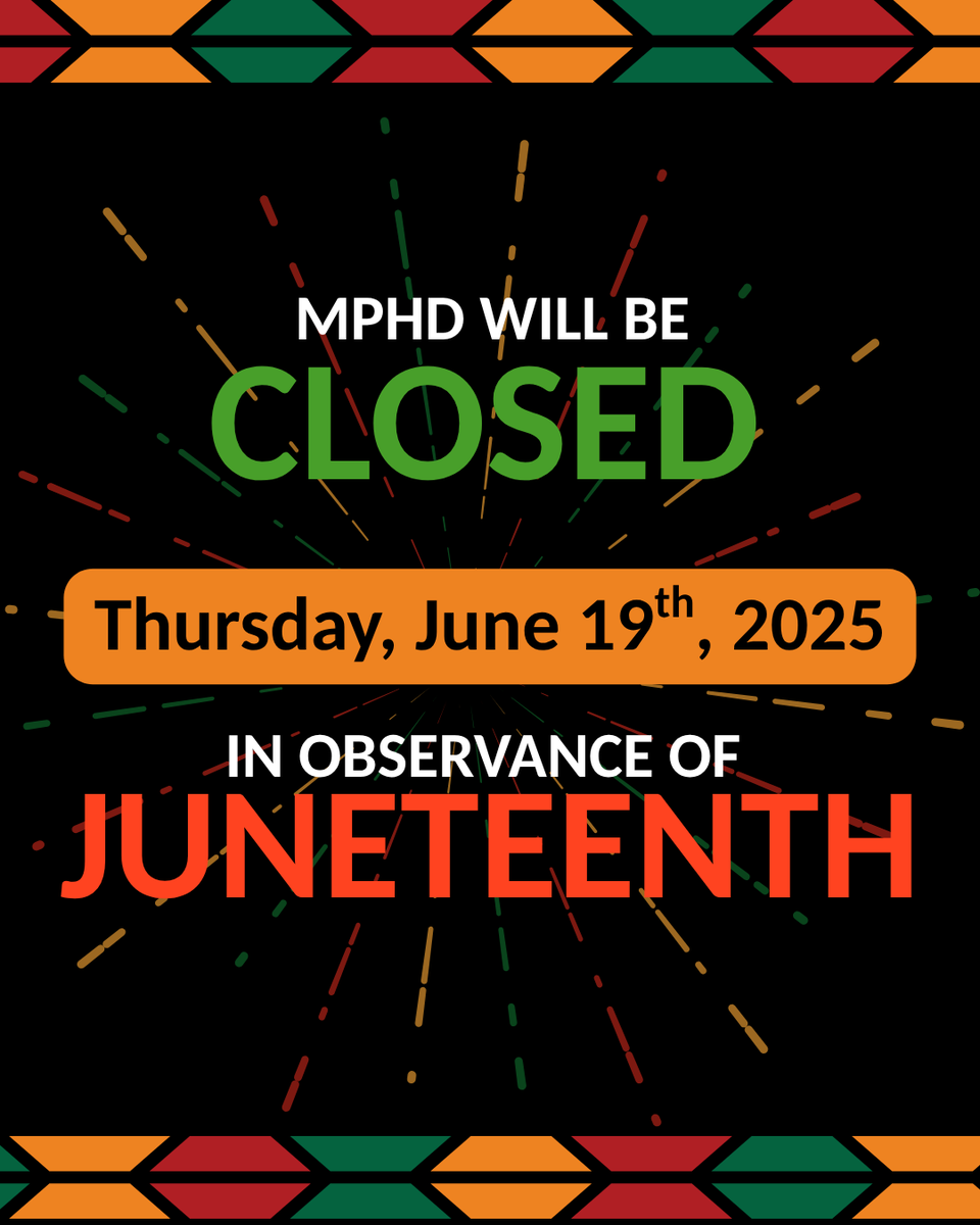 In observance of Juneteenth, all Metro Public Health Department offices will be closed on Thursday, June 19. We will reopen for regular business hours on Friday, June 20.