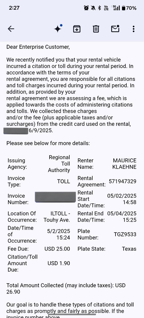 Maurice Klaehne (@mklaehne) on Twitter photo Thanks <a href="/Enterprise/">Enterprise</a> for making sure I never use you again for car rentals. Tacking on a $25 fee for a $1.90 toll fee I didn't pay yet is criminal and exactly how customers lose trust in you. Bravo. Thanks <a href="/Enterprise/">Enterprise</a> for making sure I never use you again for car rentals. Tacking on a $25 fee for a $1.90 toll fee I didn't pay yet is criminal and exactly how customers lose trust in you. Bravo.