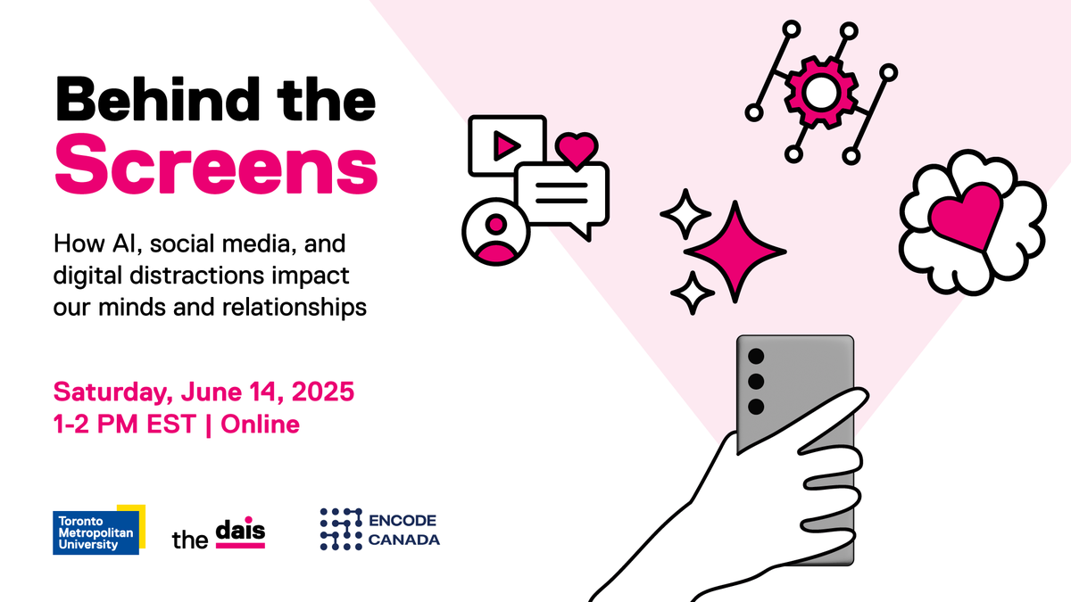 daisTMU's tweet image. What’s the cost of constant scrolling for young minds? 📱🧠
Join youth leaders from across Canada on Sat, June 14 for a free online event exploring AI, mental health & healthier tech policy.
🔗 Register: eventbrite.ca/e/behind-the-s…