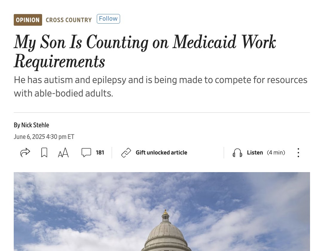 Must Read: My Son Is Counting on Medicaid Work Requirements

Incredible op-ed from a father of a 17-year-old with severe autism and epilepsy.

He was told it would take 10 YEARS to get in-home care through Medicaid.. because he's competing against so many able-bodied adults.
