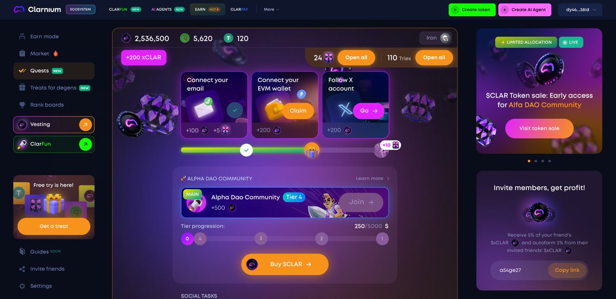 Let me introduce you to Clarnium 👀 

And it’s real GEM if you want to launch your token

It’s a full-stack token launch ecosystem with:

1) 3-click token launcher powered by AI agents
2) Alpha DAO - early calls on upcoming tokens
3) Quests, lootboxes, and $xCLAR farming for