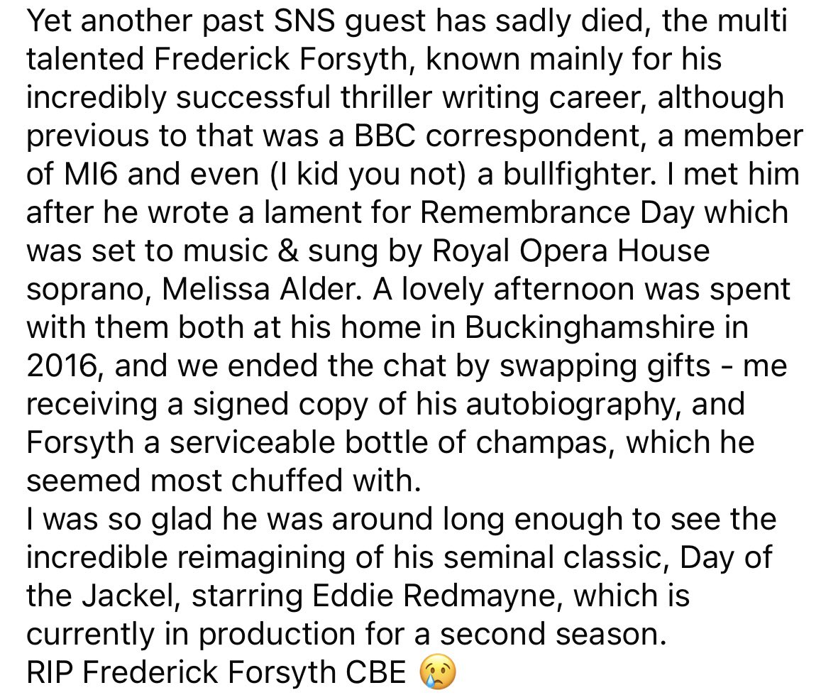 SNS Online ๐ (@scratchntweet) on Twitter photo RIP Frederick Forsyth ๐ข
#DayOfTheJackal #TheOdessaFile
BBC obit: bbc.com/news/articles/โฆ
Our interview with Forsyth by <a href="/NickRandellBBC/">Nick Randell ๐</a> on.soundcloud.com/tke6aIK7ebqj8Cโฆ RIP Frederick Forsyth ๐ข
#DayOfTheJackal #TheOdessaFile
BBC obit: bbc.com/news/articles/โฆ
Our interview with Forsyth by <a href="/NickRandellBBC/">Nick Randell ๐</a> on.soundcloud.com/tke6aIK7ebqj8Cโฆ