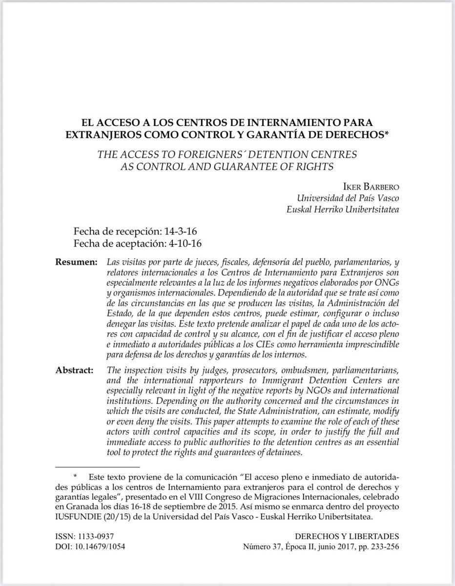 📘 #RevistaDerechosyLibertades Nº 37 (2017) <a href="/idhbc_uc3m/">Derechos Humanos (IDHPB)</a> <a href="/uc3m/">UC3M</a> <a href="/dykinsonlibros/">Librería - Editorial Dykinson 📚</a>

📣 Hoy en la sección #Artículos ✍🏼 “El acceso a los centros de internamiento para extranjeros como control y garantía de derechos” de #IkerBarberoGonzález

⬇️ ¡Léelo aquí! ⬇️
🔗 hdl.handle.net/10016/27157