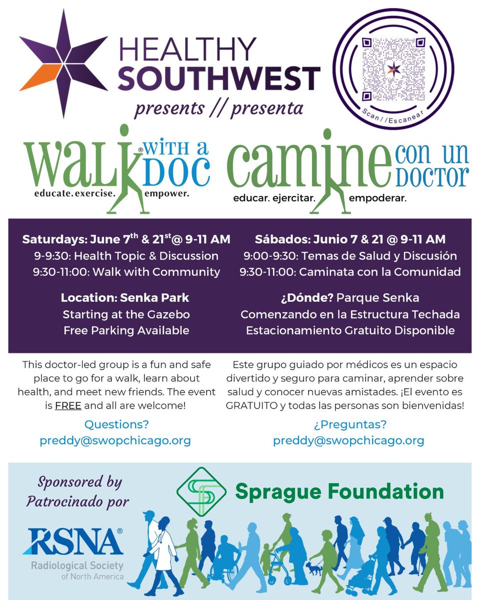 Walk with a Doc ! 🚶‍♀️🩺
Join us this summer for free, bilingual health talks + walks at Senka/Marquette Park—twice a month through September.✨

🙌We're also seeking volunteer speakers with medical backgrounds.

Let’s Walk, Talk, and Connect!😎
👉 bit.ly/448tkeX