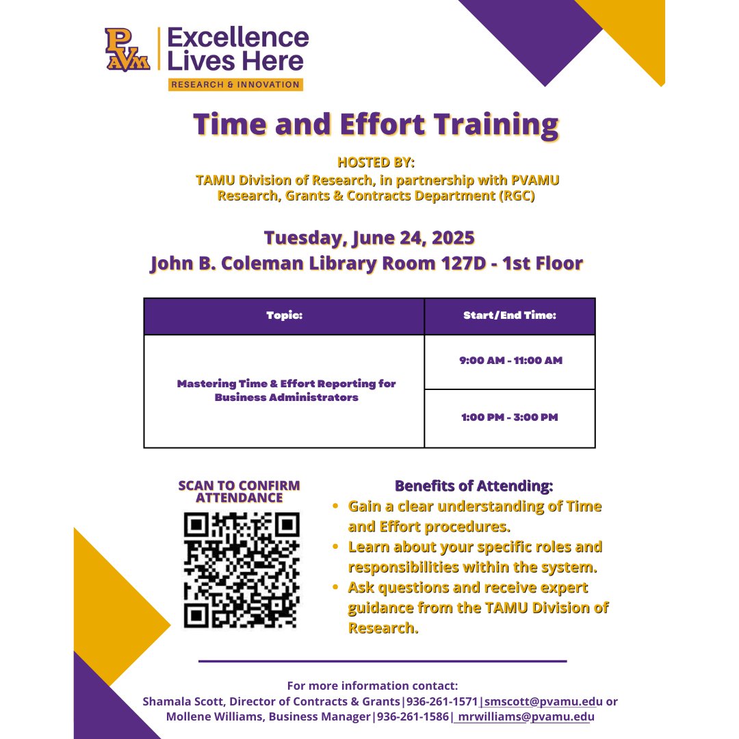 PVAMU Research (@pvamuresearch) on Twitter photo 📅 Save the Date!
Time & Effort Training | June 24
📍 John B. Coleman Library
🕘 Sessions: 9–11 AM or 1–3 PM
✅ Learn procedures, roles & tips
Hosted by TAMU & PVAMU Research
📲 Register—scan the flyer!
📞 Info: smscott@pvamu.edu | mrwilliams@pvamu.edu 📅 Save the Date!
Time & Effort Training | June 24
📍 John B. Coleman Library
🕘 Sessions: 9–11 AM or 1–3 PM
✅ Learn procedures, roles & tips
Hosted by TAMU & PVAMU Research
📲 Register—scan the flyer!
📞 Info: smscott@pvamu.edu | mrwilliams@pvamu.edu