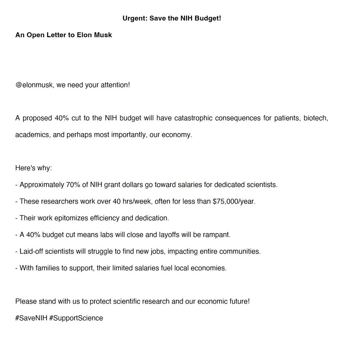 Diane Krause (@krauselab_yale) on Twitter photo 🚨 <a href="/elonmusk/">Elon Musk</a>, we need your attention! 🚨
A proposed 40% cut to  the NIH budget will have catastrophic consequences for patients,  biotech, academics, and most importantly, our economy.
Here's why --> 🚨 <a href="/elonmusk/">Elon Musk</a>, we need your attention! 🚨
A proposed 40% cut to  the NIH budget will have catastrophic consequences for patients,  biotech, academics, and most importantly, our economy.
Here's why -->