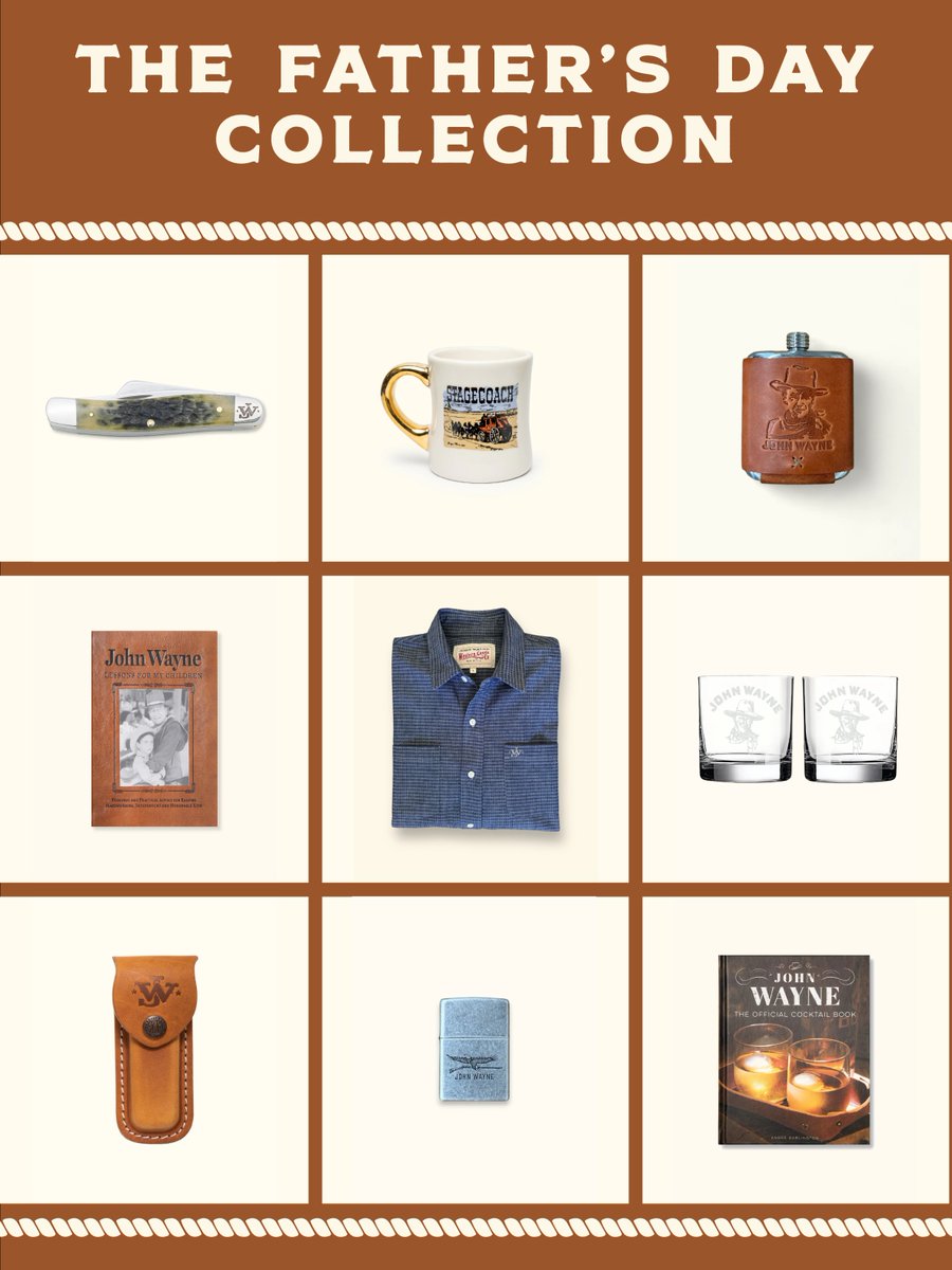 The Father’s Day collection is here. Explore handpicked pieces that reflect grit, spirit and legacy — Stetson Peacemaker hat, leather flask, gold handle mug and Zippo lighter.

Shop now bit.ly/4khDhfK

#FathersDay #JohnWayne #GiftsForDad