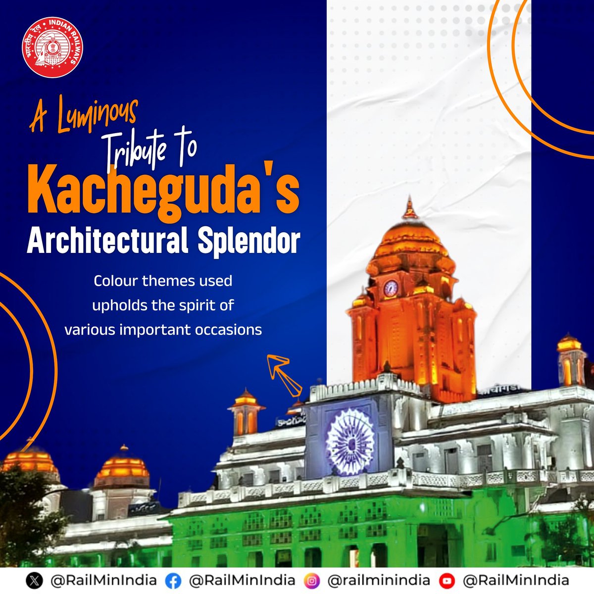 Raj9195's tweet image. A luminous tribute to the iconic Kacheguda Railway Station on 9-6-25 at 1930 hrs, celebrating its architectural brilliance with vibrant colours that reflect the spirit of every important occasion. 
#IndianRailways #Kacheguda #ArchitecturalSplendor #RailMinIndia