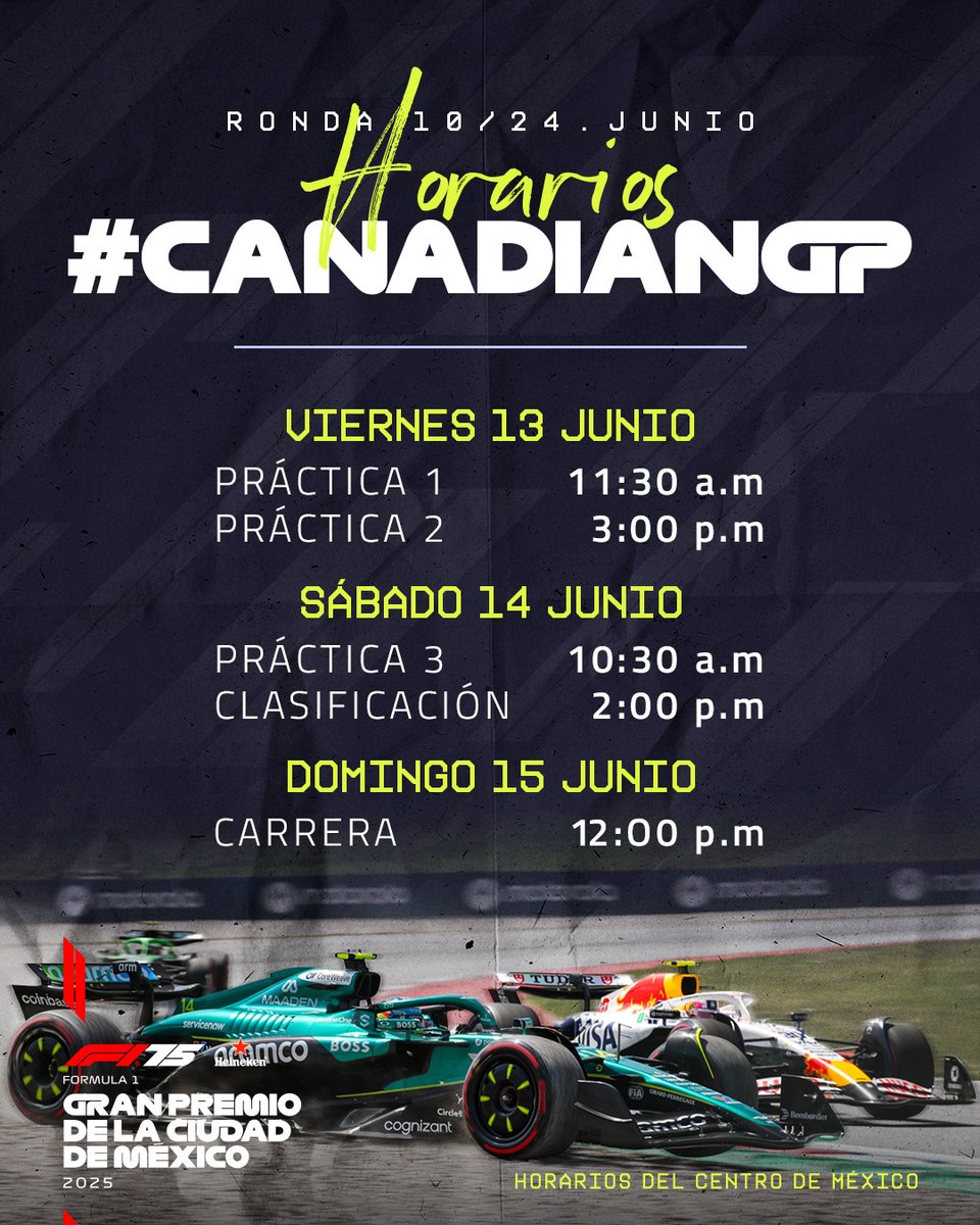 mexicogp's tweet photo. ¡Horarios listos! ⏰
No te pierdas ni un segundo del #CanadianGP 🇨🇦
#F1 https://t.co/Af1DO4FpD7