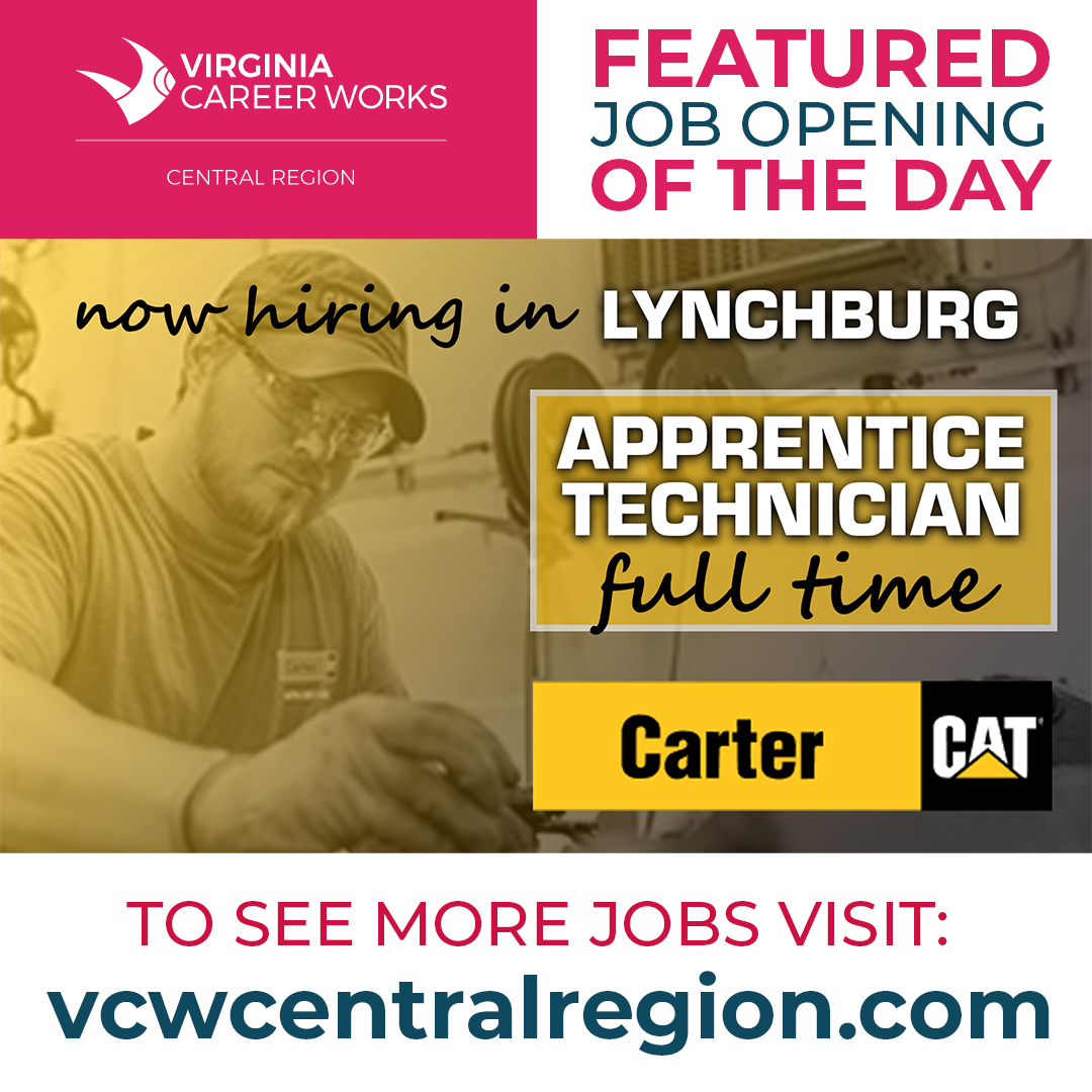 Virginia Career Works - Central Region (@vcwcentral) on Twitter photo Learn on the job while getting paid! <a href="/CarterMachinery/">Carter Machinery</a> is #hiring an Apprenticeship Technician in Lynchburg. This person will be trained to diagnose diesel equipment problems and perform repairs. High school diploma or GED required. Apply at: recruiting.ultipro.com/CAR1060CRTM/Jo… Learn on the job while getting paid! <a href="/CarterMachinery/">Carter Machinery</a> is #hiring an Apprenticeship Technician in Lynchburg. This person will be trained to diagnose diesel equipment problems and perform repairs. High school diploma or GED required. Apply at: recruiting.ultipro.com/CAR1060CRTM/Jo…