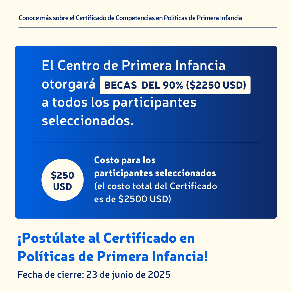 ⏳ ¡Últimos días para postularse y acceder a una beca del 90%!

🌎 ¿Trabajas en el diseño o implementación de políticas públicas para la niñez en América Latina?
 Esta es tu oportunidad de fortalecer tus capacidades con un certificado académico único en la región.
🎓 Postúlate al