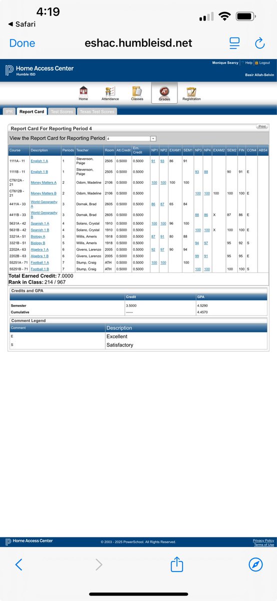 BasirAllah_'s tweet photo. My end of the year grades! Finished 214/967 and with a cumulative 4.4 GPA! https://t.co/3ZAESI8elk