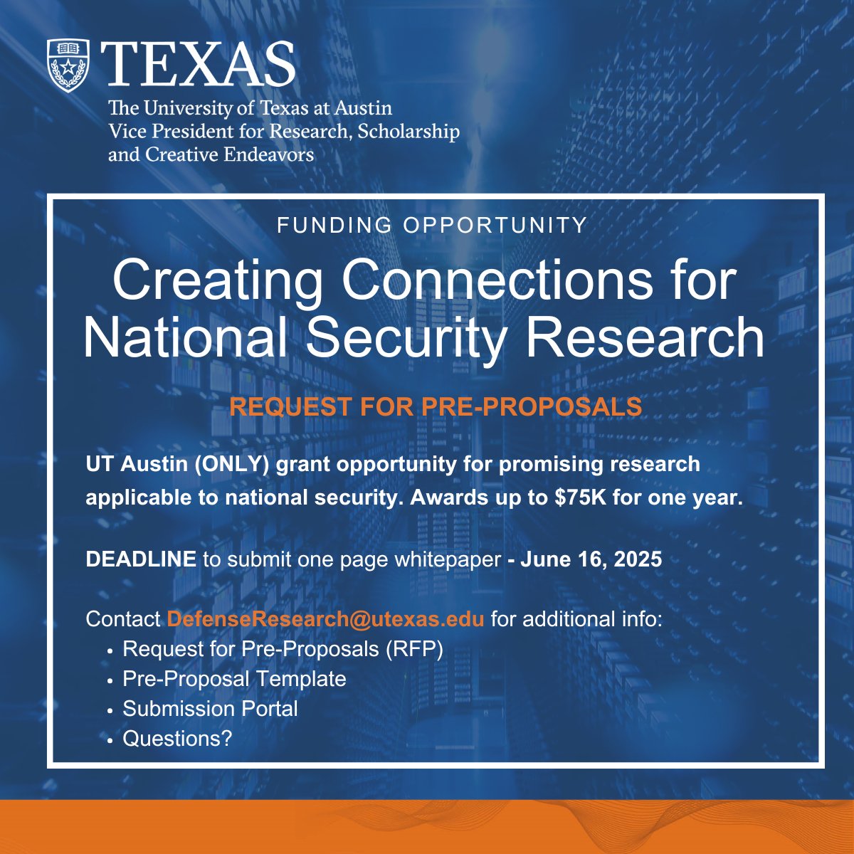 UTexasResearch's tweet image. ⏳ Deadline approaching!
UT Austin researchers: apply for up to $75K in funding for one-year research projects in defense technologies.
Submit your white paper by June 16 to be considered.
🔗 bit.ly/UTCC2025
Eligible areas:
✔️ AI / ML
✔️ Data Analytics / Visualization…