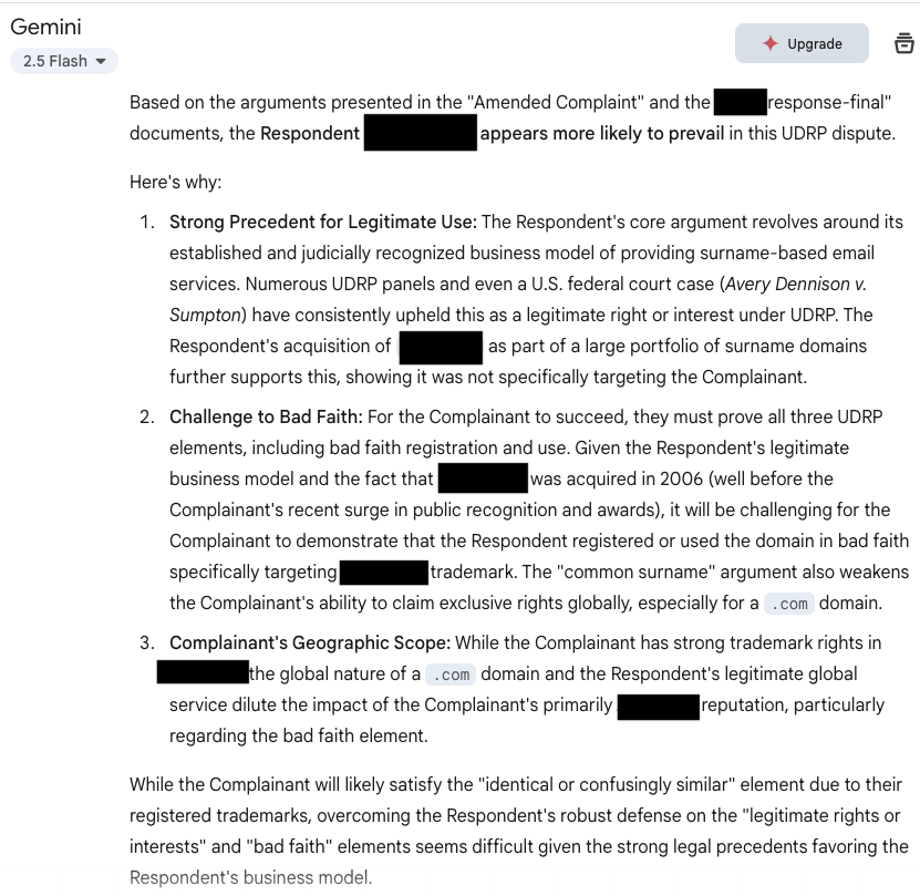 Various AI systems I've looked at are just awful at writing UDRP briefs, but seem pretty good at judging them.  Coming soon to a UDRP decision near you...
