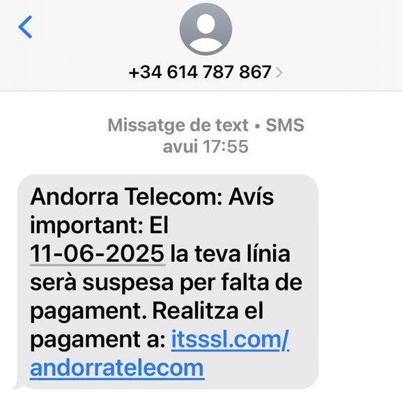 Alerta #estafa ⚠️

Alguns usuris heu rebut un SMS on es demana pagar una factura per evitar que se us talli la línia.

✉️ És un #smishing
Volen les teves dades.
❌No obris l’enllaç.
❌No comparteixis informació.
❎Elimina el missatge.
#Nopiquis