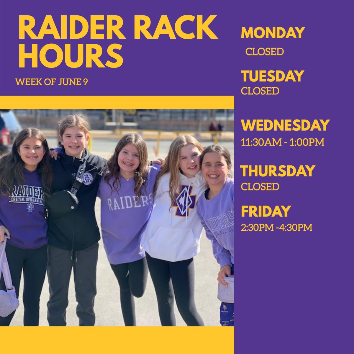 Raider Rack hours for the week of June 9.