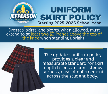 JPschools's tweet photo. Uniform Policy Update: Skirt Length
The district has introduced a clear standard for skirt length to promote consistency, fairness, &amp; respect across all campuses.
Effective next school year, dresses, skirts, &amp; skorts must be no shorter than 2 inches above the knee when standing. https://t.co/WiNUEwWb1Z
