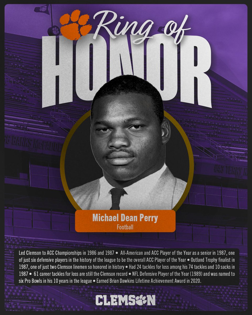 ClemsonFB's tweet image. Another name immortalized.

Congratulations to Michael Dean Perry for earning induction into the Clemson Ring of Honor!

📰: clemsontigers.com/michael-dean-p…