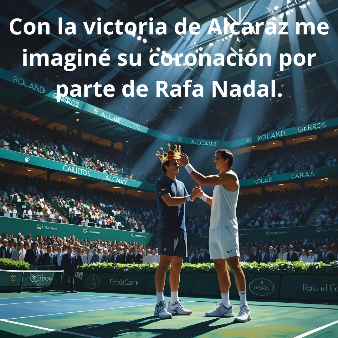 FrikiPapa's tweet photo. Con la victoria de Alcaraz me imaginé su coronación en la pista por parte de Rafa Nadal. 
Imagen generada con IA.
#Alcaraz #Nadal #RolandGarros2025 #RolandGarros #Tenis #tierrabatida #reydeltenis https://t.co/Mob1ham8z8