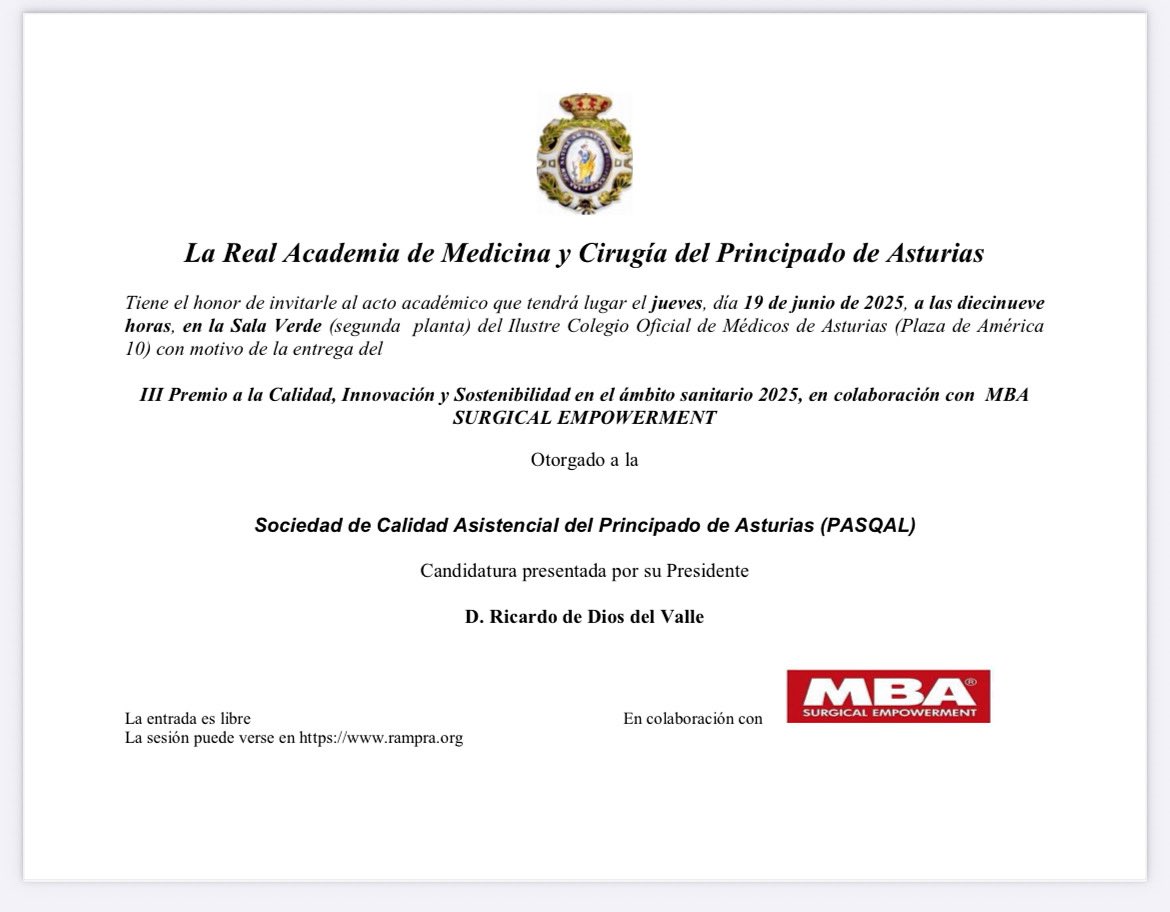 👉Real Academia Medicina y Cirugía Asturias
🎖️III Premio a la Calidad, Innovación y Sostenibilidad 👇

⭐️ <a href="/PasQalAsturias/">PasQal</a> 

2️⃣5️⃣años de compromiso con la Calidad Asistencial 
🫶🏻 Hacemos Calidad, haciendo Comunidad..
🫶🏻Gracias a todos los que lo hicieron posible‼️